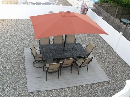 Large Backyard, Cast Aluminum Furniture, Xlarge Umbrella , BBQ Grill, Adirondack Chairs, Clothesline, Outdoor Shower