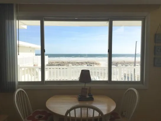 Beach views from living area and front bedroom