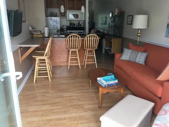 OPen livingroom and kitchen area.