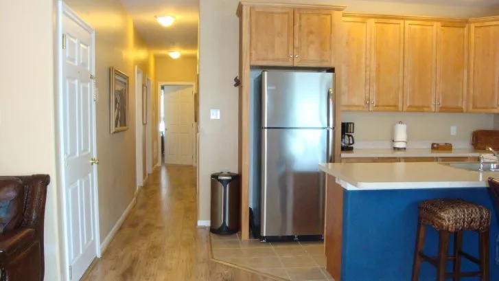 Partial view of the fully stocked kitchen.
