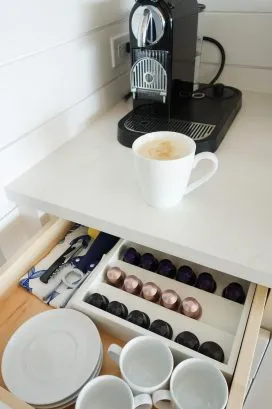 Among the kitchen appliances are blender, toaster, microwave, drip coffee maker, ice cream maker and Nespresso espresso drink maker.