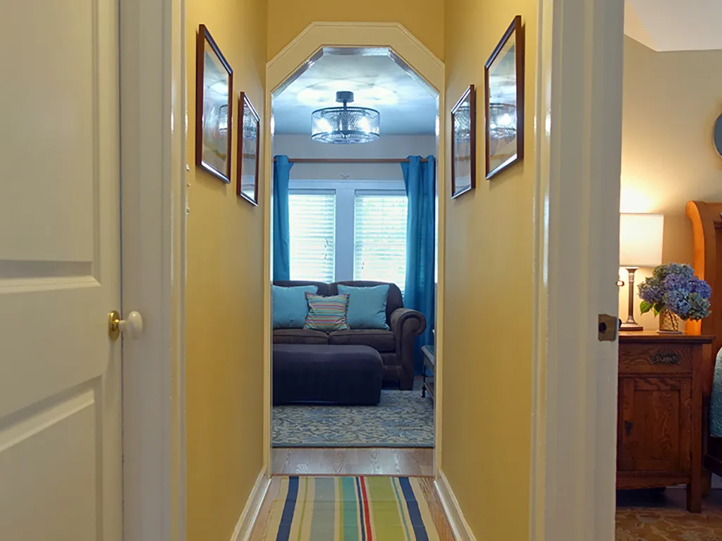 Central hallway with bedrooms on left and right.