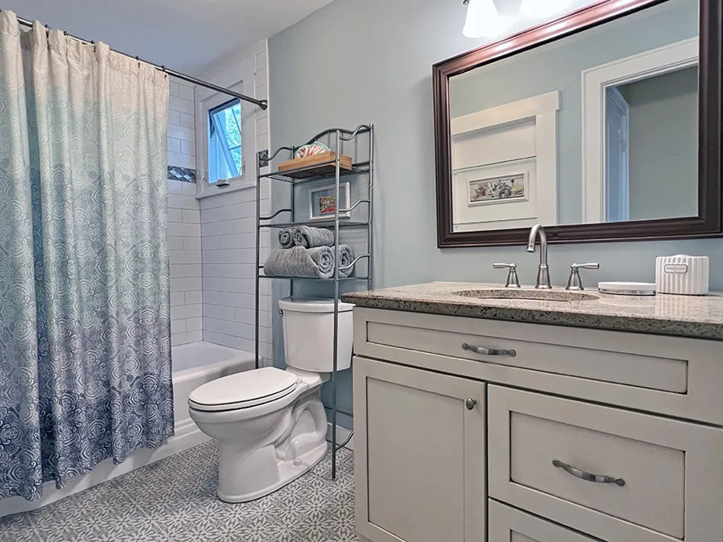 Full bathtub, comfort-height commode.