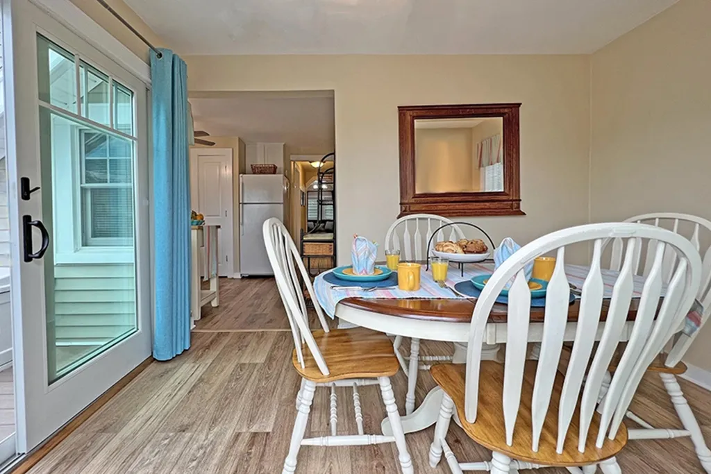 View into dining room and kitchen from the deck.