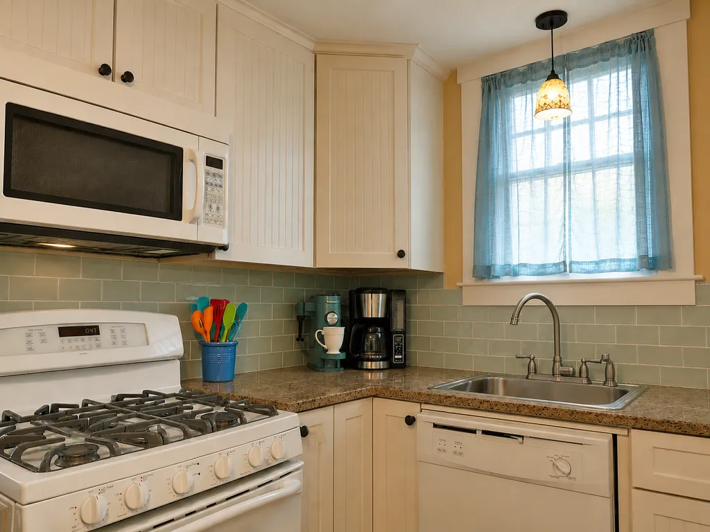 Well-equipped cook's kitchen with granite.