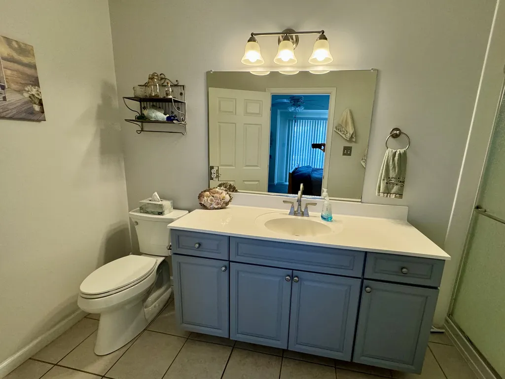 Private Master Bathroom with large vanity/sink, chair-height toilet, and shower