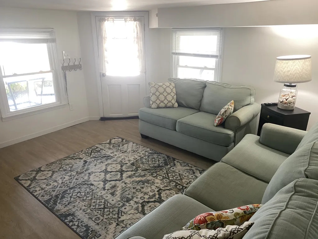 A couch and loveseat make up the living area of the apartment