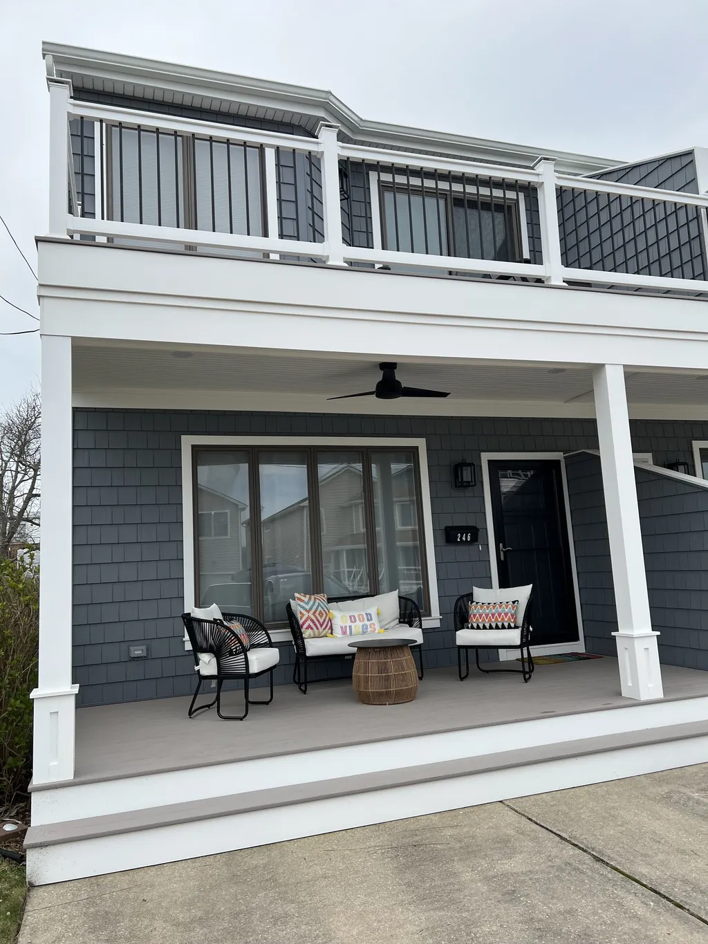 Front of house - view of upper and lower decks