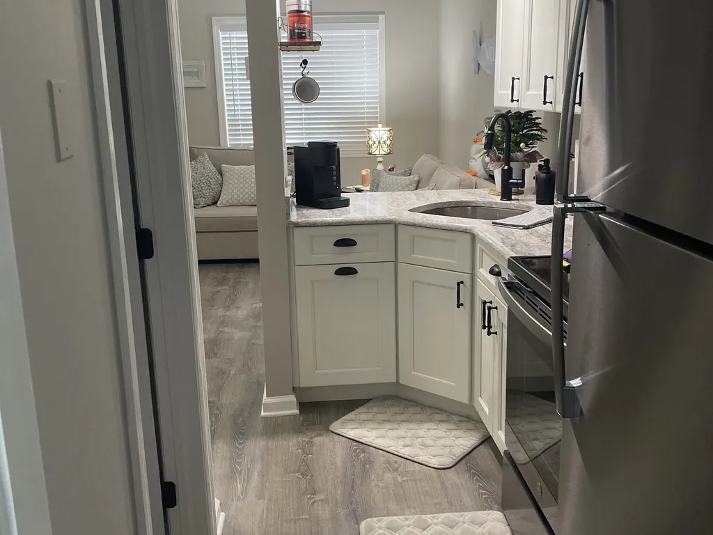 View from bedroom door to kitchen.