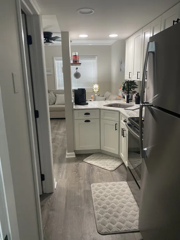 View from bedroom door to kitchen.