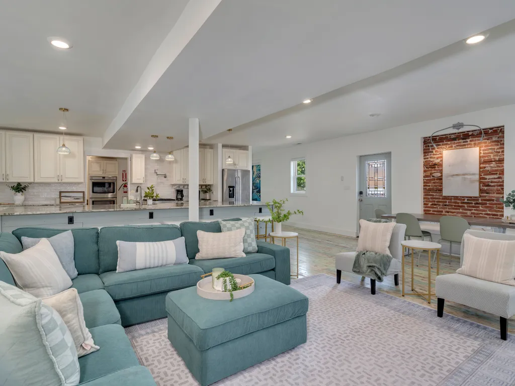 Living room with view to kitchen