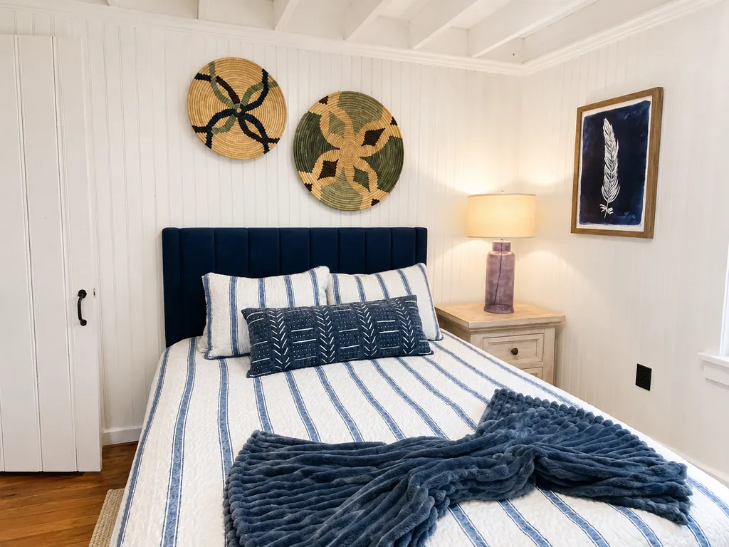 Coastal Cozy Bedroom with Navy Accents