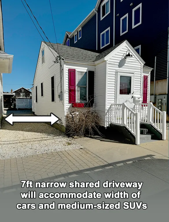 Shared driveway is 7ft wide. SUVs and wider pick ups will need to park on street.