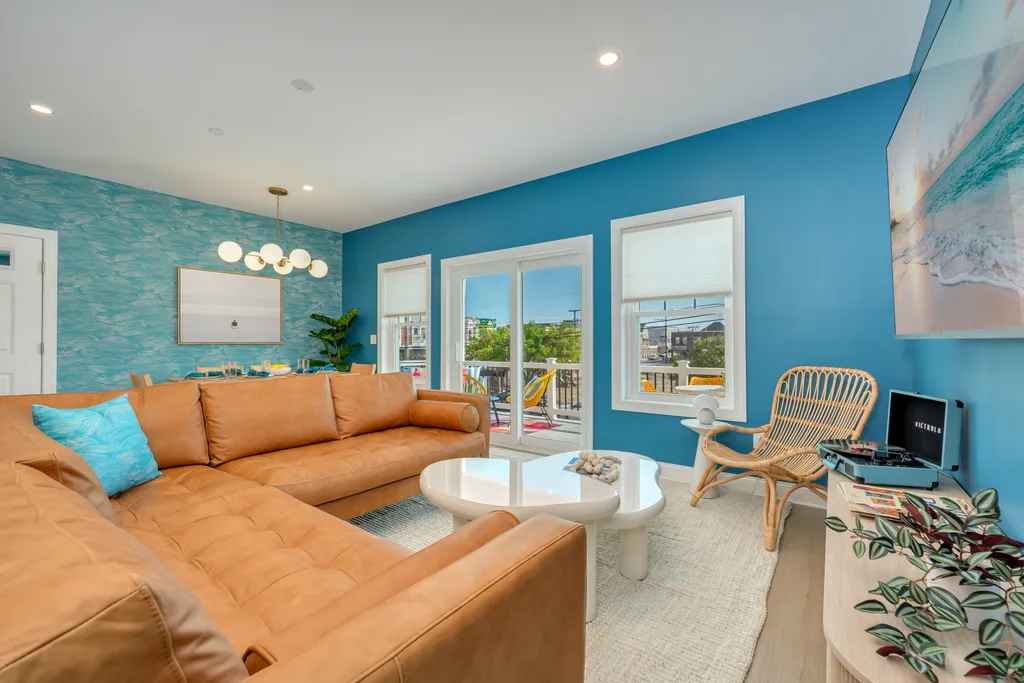 Living Room with Leather Sectional and Game-Ready Coffee Table