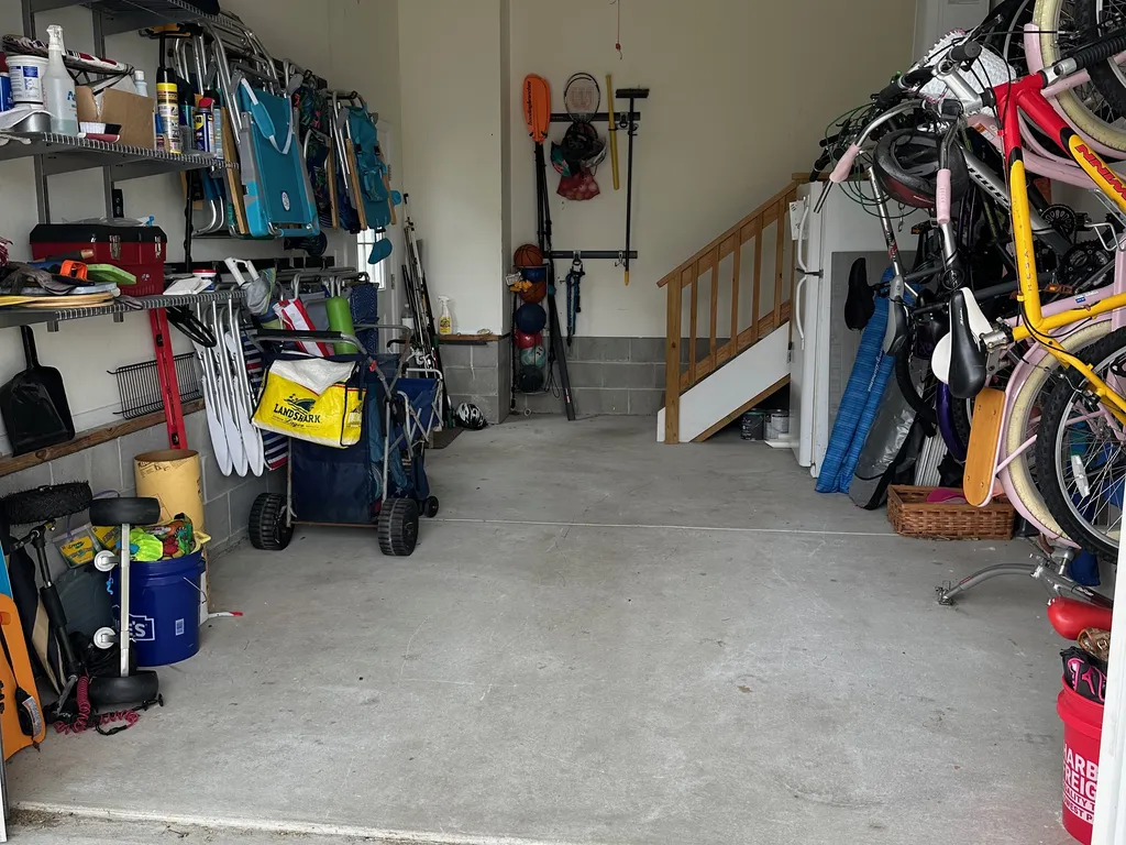 Garage with beach gear and bikes