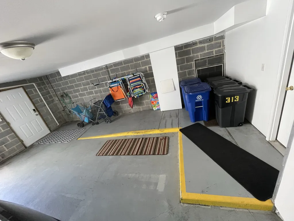 large garage with beach gear